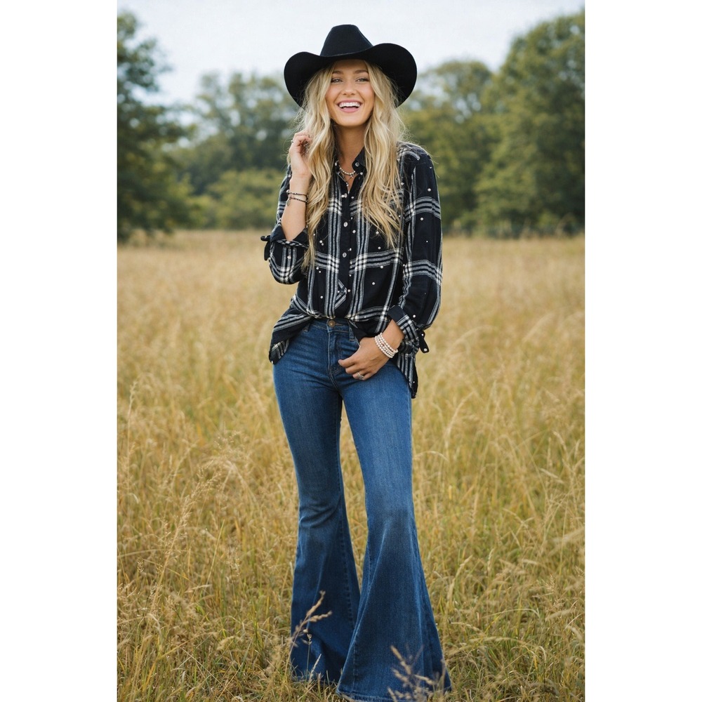 Laundry By Shelli Pearl Embellished Flannel Shirt Western Boho Feminine Y2K L